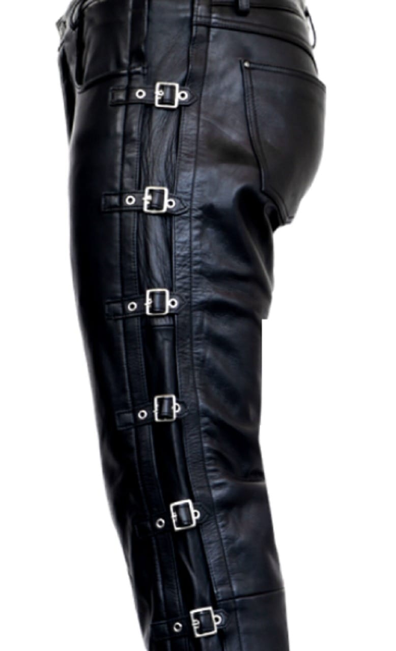 Men’s Black Leather-Look Lace-Up Cargo Pants – Gothic Biker Tactical Trousers