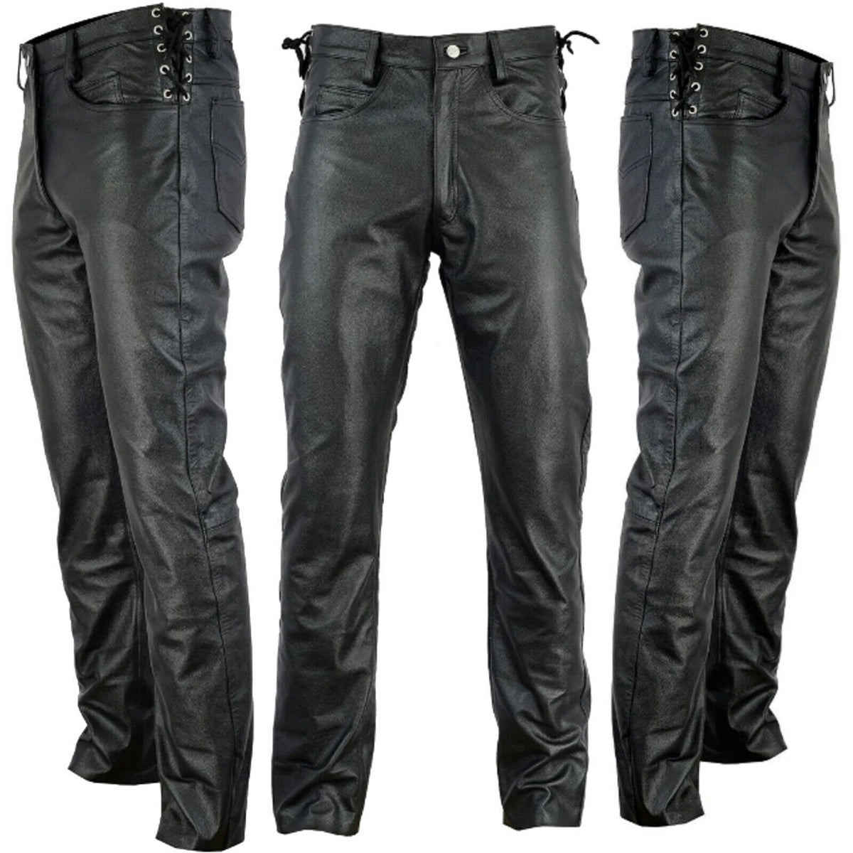Men’s Black Leather-Look Lace-Up Cargo Pants – Gothic Biker Tactical Trousers