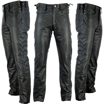 Men’s Black Leather-Look Lace-Up Cargo Pants – Gothic Biker Tactical Trousers