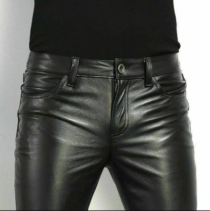 Men’s Black Leather-Look Lace-Up Cargo Pants – Gothic Biker Tactical Trousers