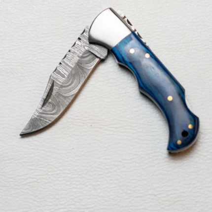 Damascus Steel Leather Folding Pocket Knife with Blue Handle, Pure Leather knife Sheath, leather knife Blade, pocket knife for Camping, Pocket Hunting Gift