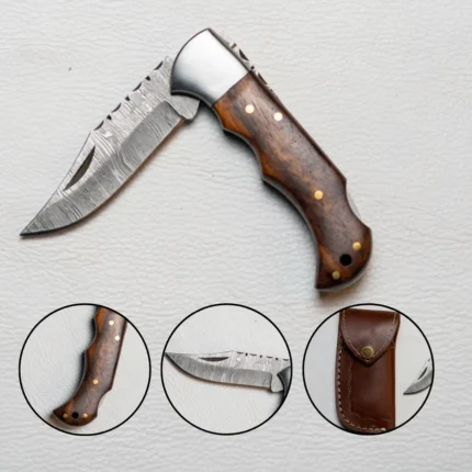 Damascus Steel Folding Pocket Knife with Wooden Handle